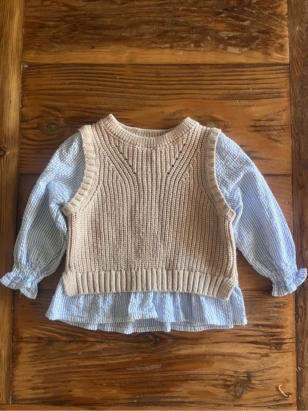 Beige Knit Vest with Light Blue Blouse